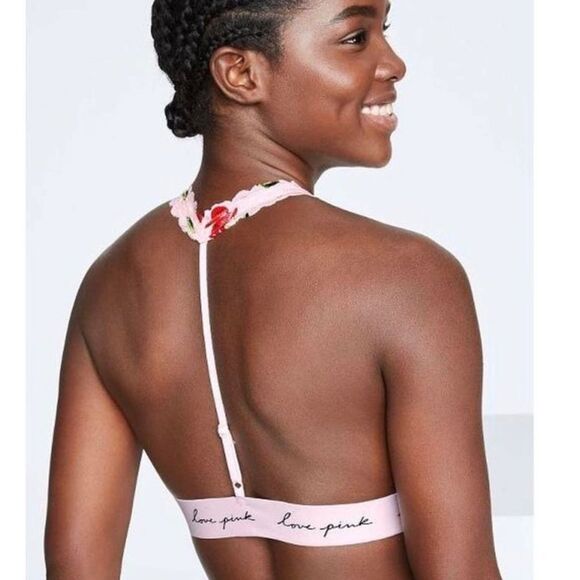 Victoria’s Secret PINK Cherry Lace Triangle Bralette Love Pink Halter Size S - Picture 3 of 11